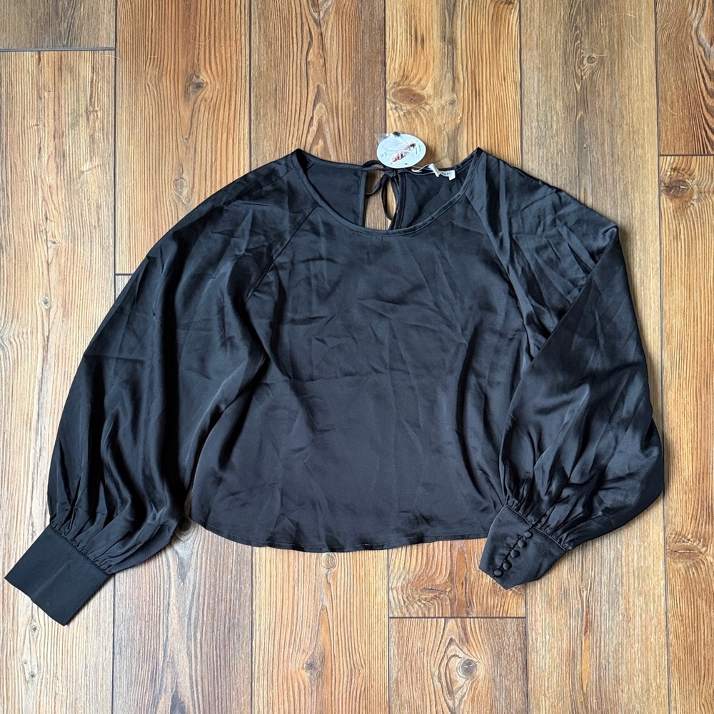 Black Long Sleeve Tie-Back Satin Blouse